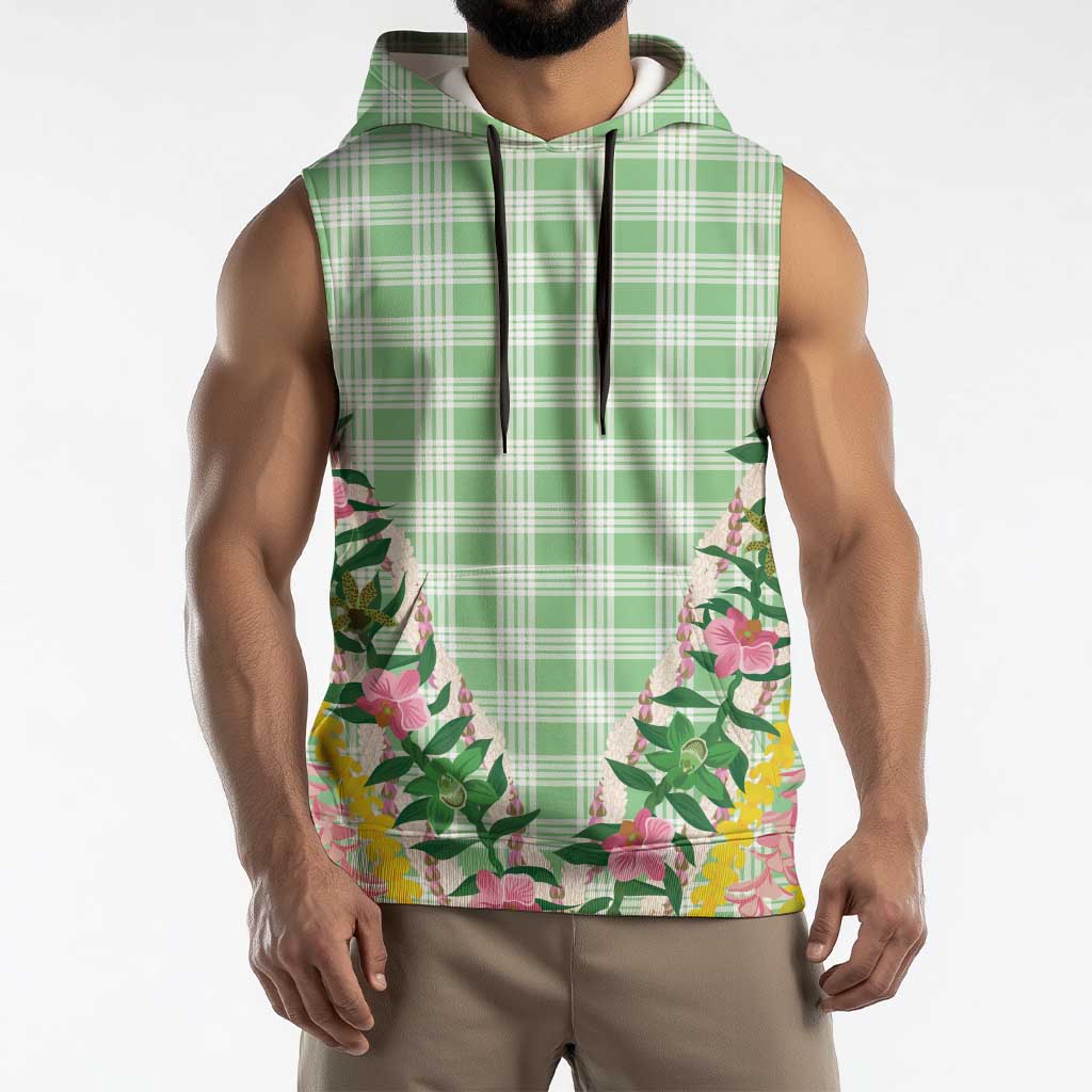 Hawaii Pikake Lokelani Plumeria Lei Sleeveless Hoodie Green Palaka Motifs