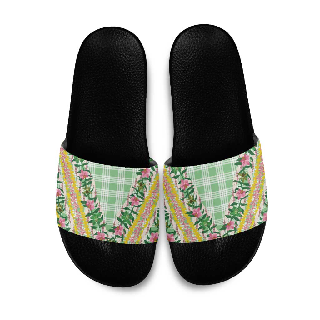 Hawaii Pikake Lokelani Plumeria Lei Slide Sandals Green Palaka Motifs