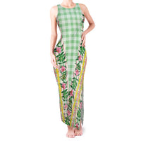 Hawaii Pikake Lokelani Plumeria Lei Tank Maxi Dress Green Palaka Motifs