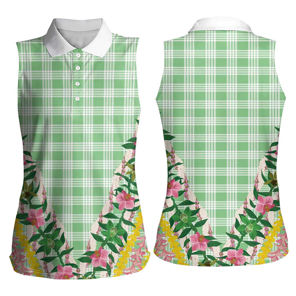 Hawaii Pikake Lokelani Plumeria Lei Women Sleeveless Polo Shirt Green Palaka Motifs LT05 - Polynesian Pride