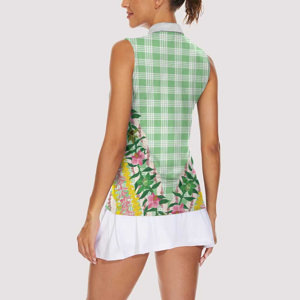 Hawaii Pikake Lokelani Plumeria Lei Women Sleeveless Polo Shirt Green Palaka Motifs LT05 - Polynesian Pride