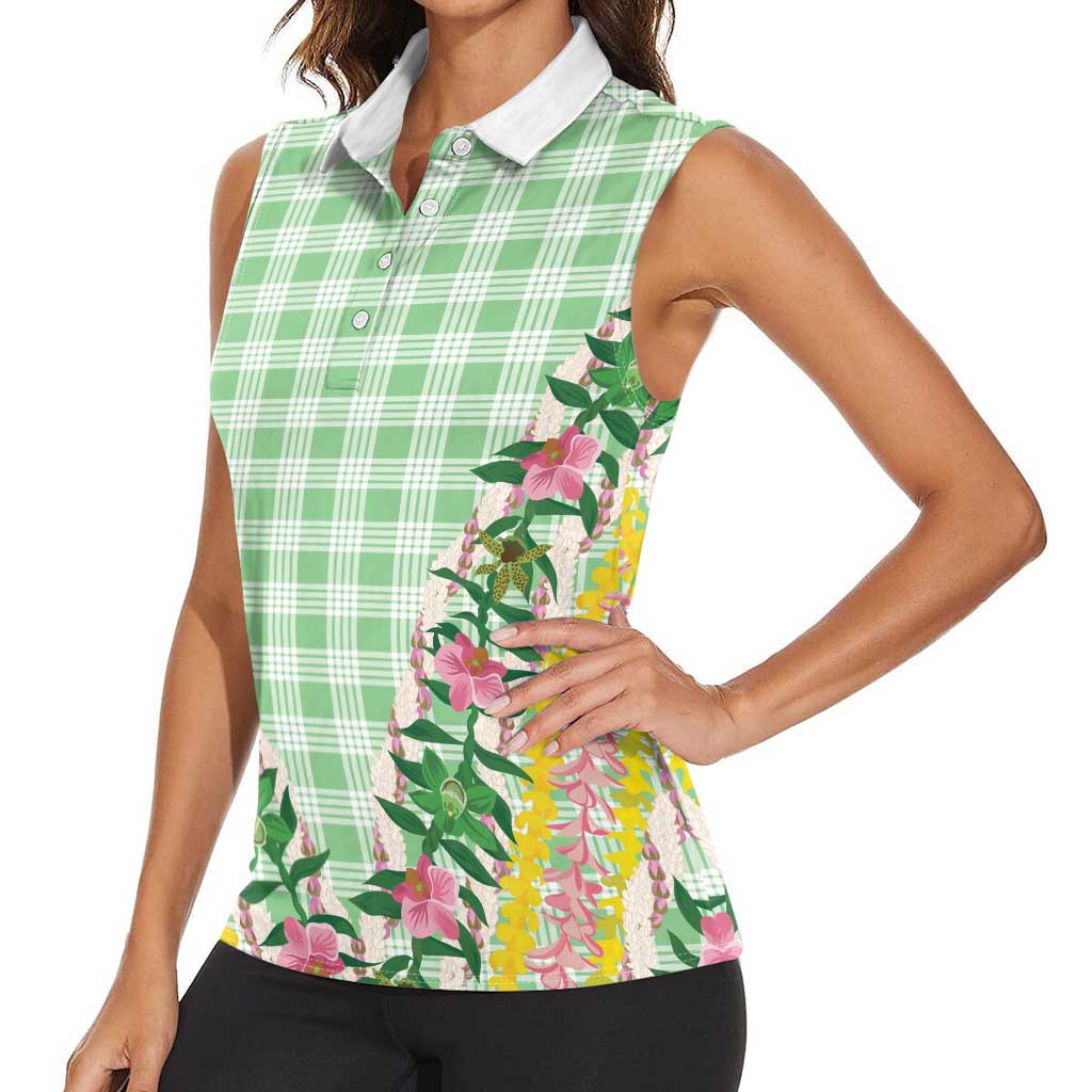 Hawaii Pikake Lokelani Plumeria Lei Women Sleeveless Polo Shirt Green Palaka Motifs LT05 - Polynesian Pride