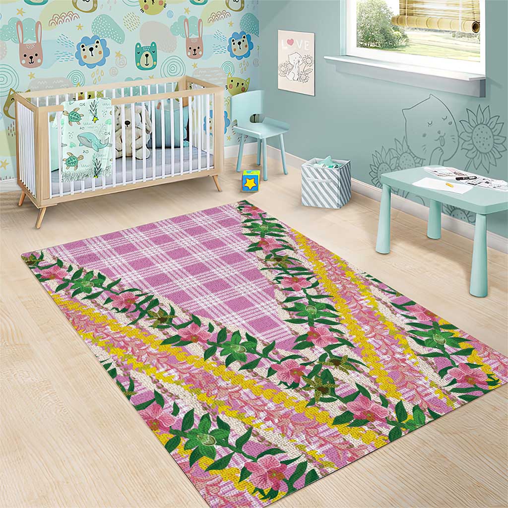Hawaii Pikake Lokelani Plumeria Lei Area Rug Pink Palaka Motifs