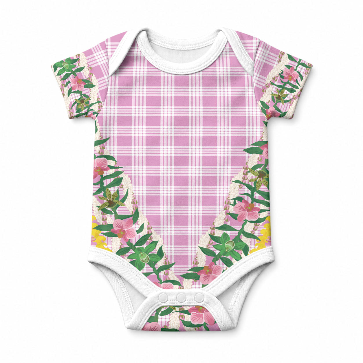 Hawaii Pikake Lokelani Plumeria Lei Baby Onesie Pink Palaka Motifs LT05 Pink - Polynesian Pride