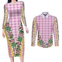Hawaii Pikake Lokelani Plumeria Lei Couples Matching Long Sleeve Bodycon Dress and Long Sleeve Button Shirt Pink Palaka Motifs LT05 Pink - Polynesian Pride