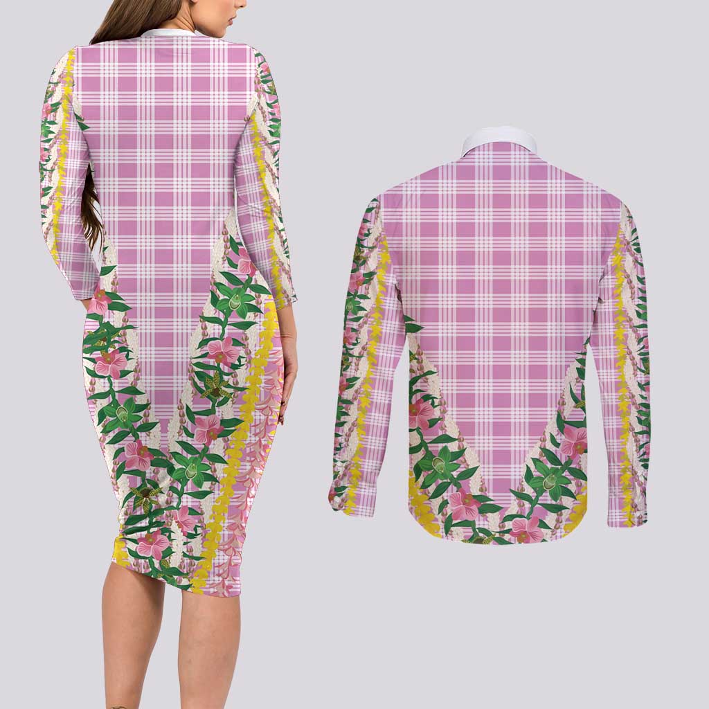 Hawaii Pikake Lokelani Plumeria Lei Couples Matching Long Sleeve Bodycon Dress and Long Sleeve Button Shirt Pink Palaka Motifs LT05 - Polynesian Pride