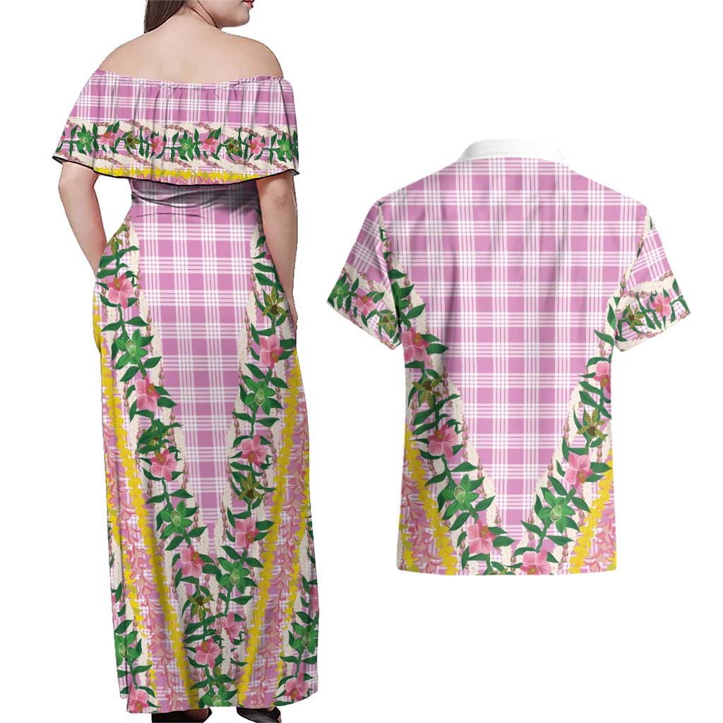 Hawaii Pikake Lokelani Plumeria Lei Couples Matching Off Shoulder Maxi Dress and Hawaiian Shirt Pink Palaka Motifs LT05 - Polynesian Pride
