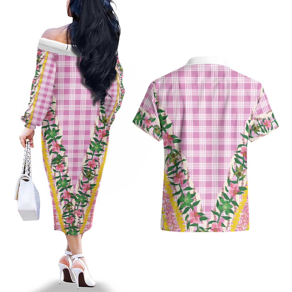 Hawaii Pikake Lokelani Plumeria Lei Couples Matching Off The Shoulder Long Sleeve Dress and Hawaiian Shirt Pink Palaka Motifs LT05 - Polynesian Pride
