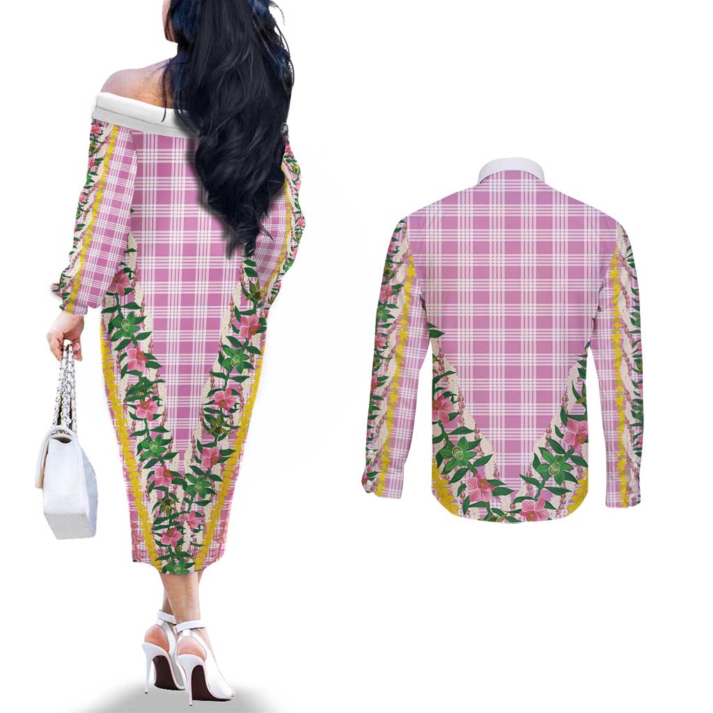 Hawaii Pikake Lokelani Plumeria Lei Couples Matching Off The Shoulder Long Sleeve Dress and Long Sleeve Button Shirt Pink Palaka Motifs LT05 - Polynesian Pride
