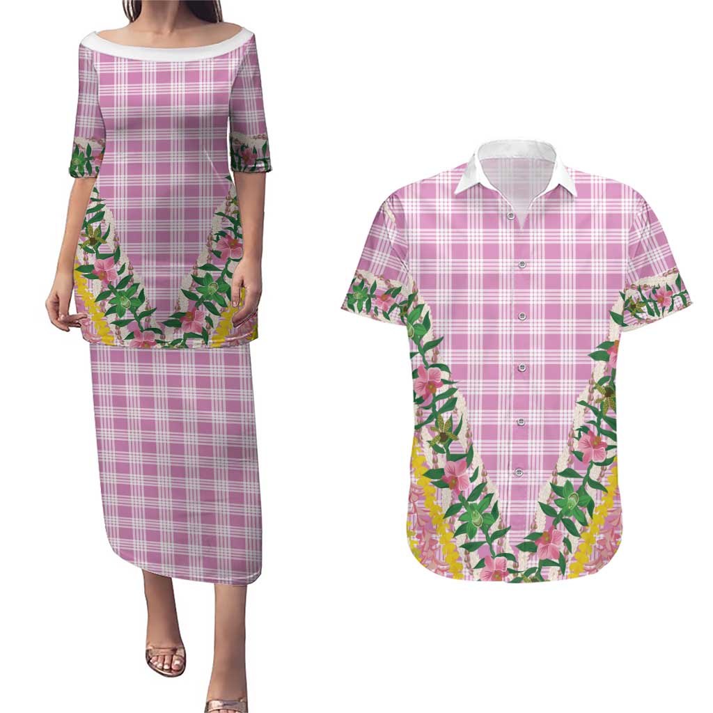 Hawaii Pikake Lokelani Plumeria Lei Couples Matching Puletasi and Hawaiian Shirt Pink Palaka Motifs LT05 Pink - Polynesian Pride