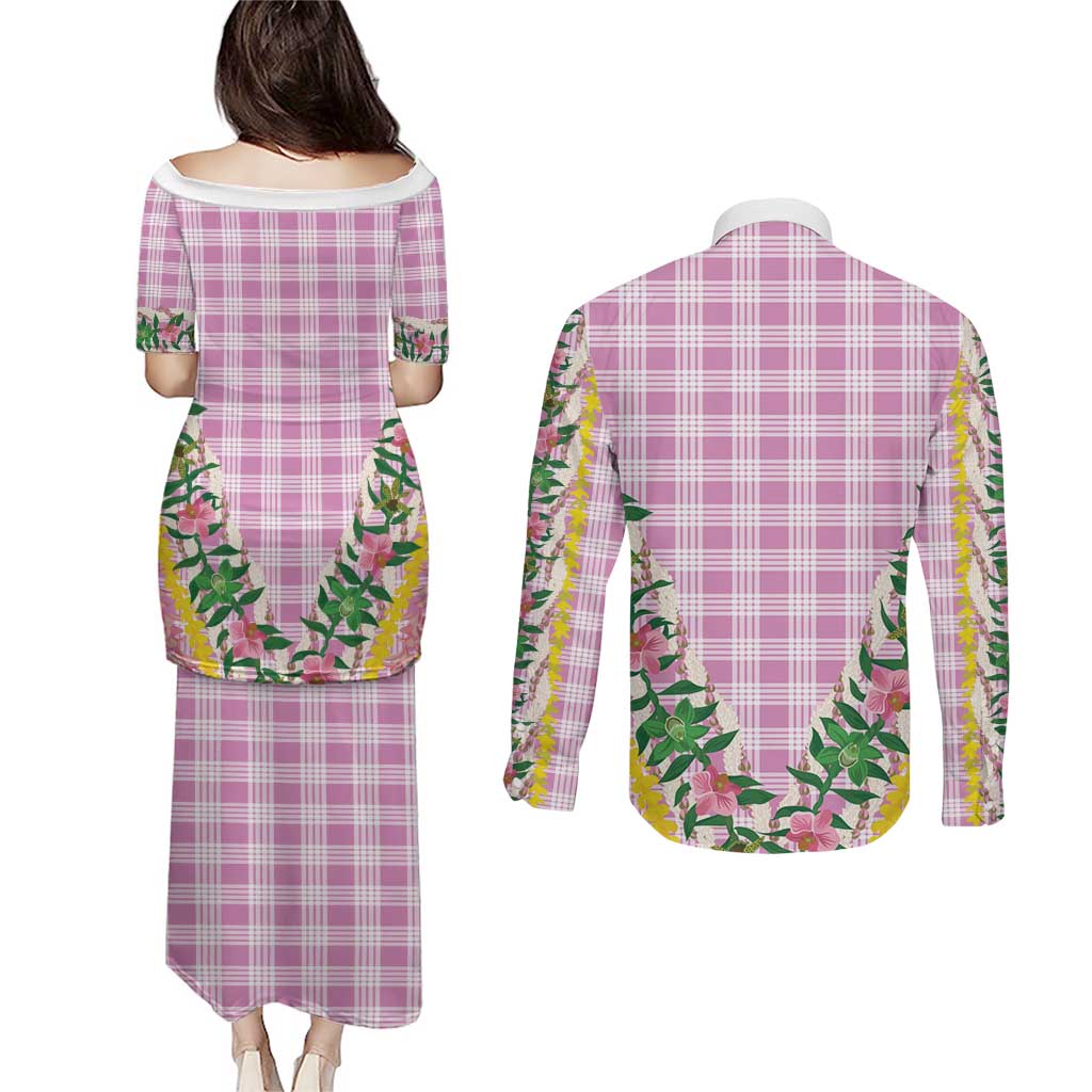 Hawaii Pikake Lokelani Plumeria Lei Couples Matching Puletasi and Long Sleeve Button Shirt Pink Palaka Motifs
