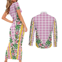 Hawaii Pikake Lokelani Plumeria Lei Couples Matching Short Sleeve Bodycon Dress and Long Sleeve Button Shirt Pink Palaka Motifs LT05 - Polynesian Pride
