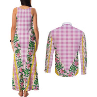 Hawaii Pikake Lokelani Plumeria Lei Couples Matching Tank Maxi Dress and Long Sleeve Button Shirt Pink Palaka Motifs LT05 - Polynesian Pride