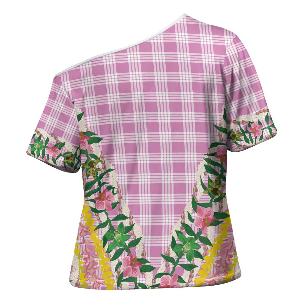 Hawaii Pikake Lokelani Plumeria Lei Cross Shoulder Shirt Pink Palaka Motifs