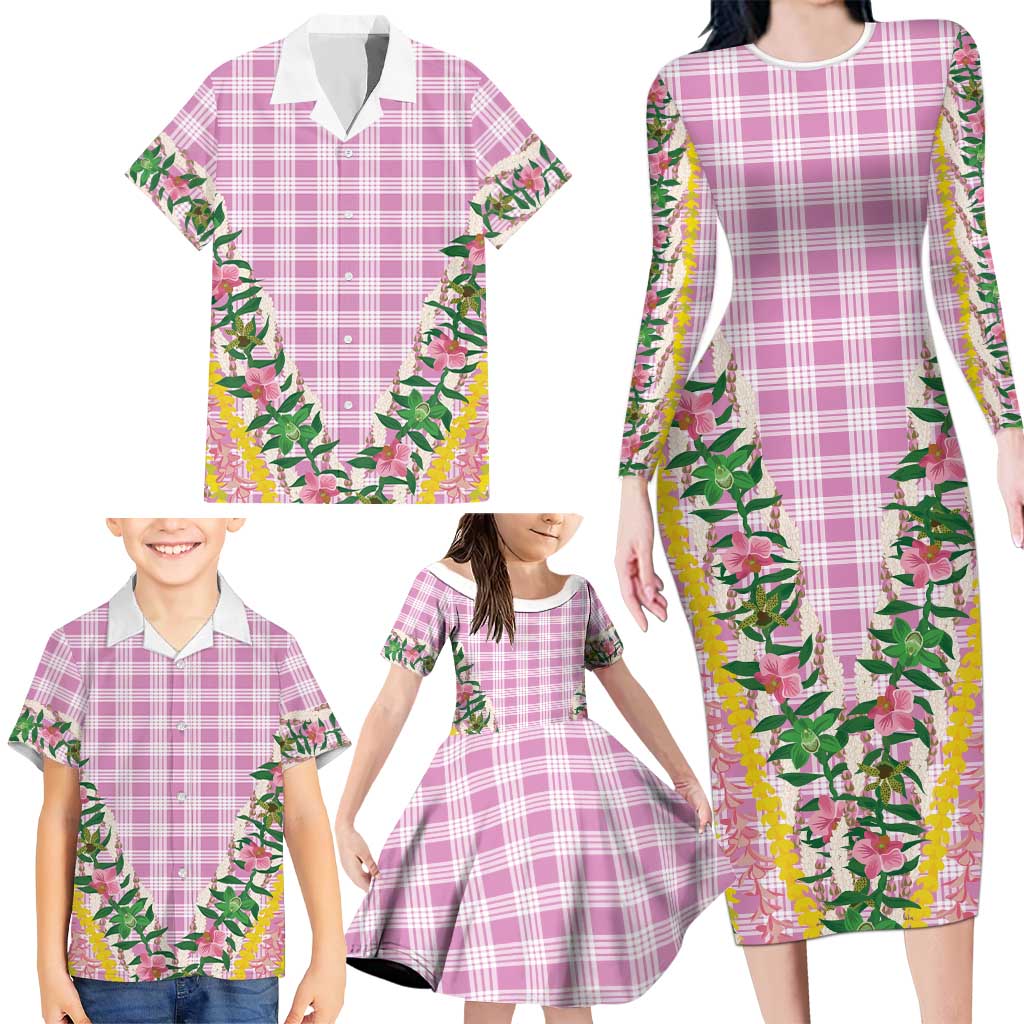 Hawaii Pikake Lokelani Plumeria Lei Family Matching Long Sleeve Bodycon Dress and Hawaiian Shirt Pink Palaka Motifs LT05 - Polynesian Pride