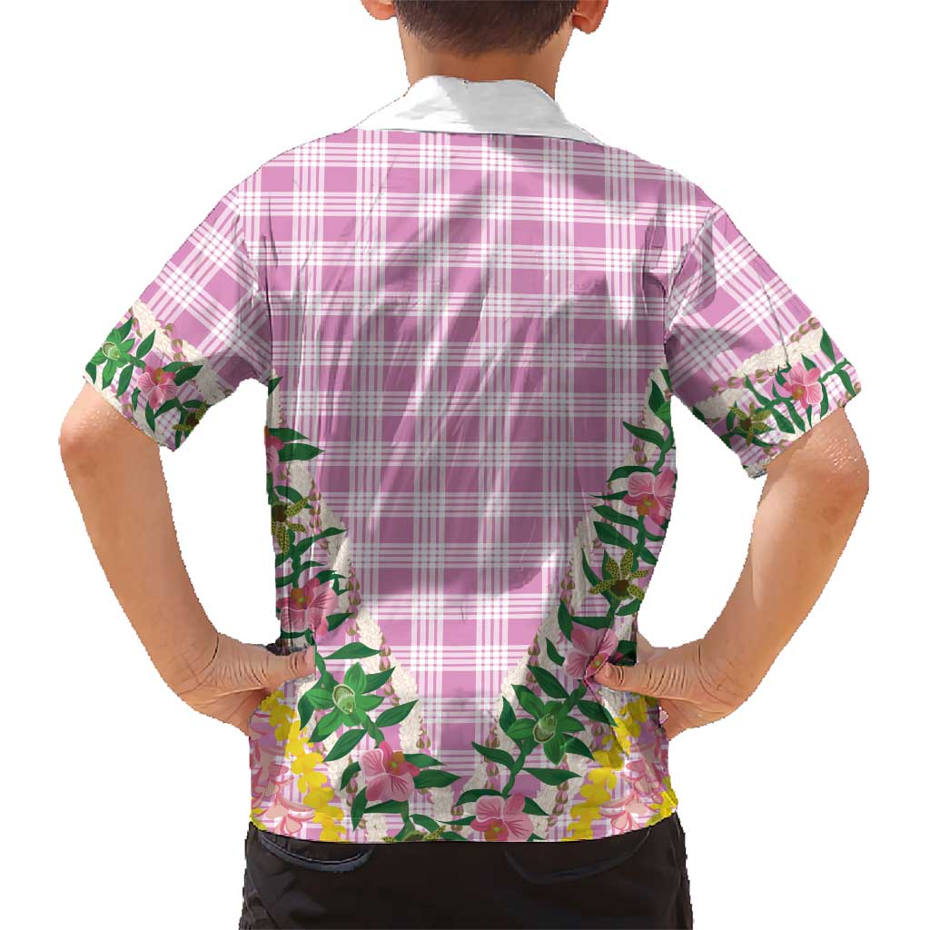 Hawaii Pikake Lokelani Plumeria Lei Family Matching Off The Shoulder Long Sleeve Dress and Hawaiian Shirt Pink Palaka Motifs LT05 - Polynesian Pride