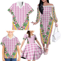 Hawaii Pikake Lokelani Plumeria Lei Family Matching Off The Shoulder Long Sleeve Dress and Hawaiian Shirt Pink Palaka Motifs LT05 - Polynesian Pride