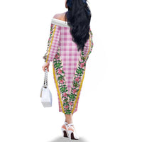 Hawaii Pikake Lokelani Plumeria Lei Family Matching Off The Shoulder Long Sleeve Dress and Hawaiian Shirt Pink Palaka Motifs LT05 - Polynesian Pride