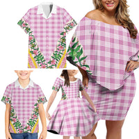 Hawaii Pikake Lokelani Plumeria Lei Family Matching Off Shoulder Short Dress and Hawaiian Shirt Pink Palaka Motifs LT05 - Polynesian Pride