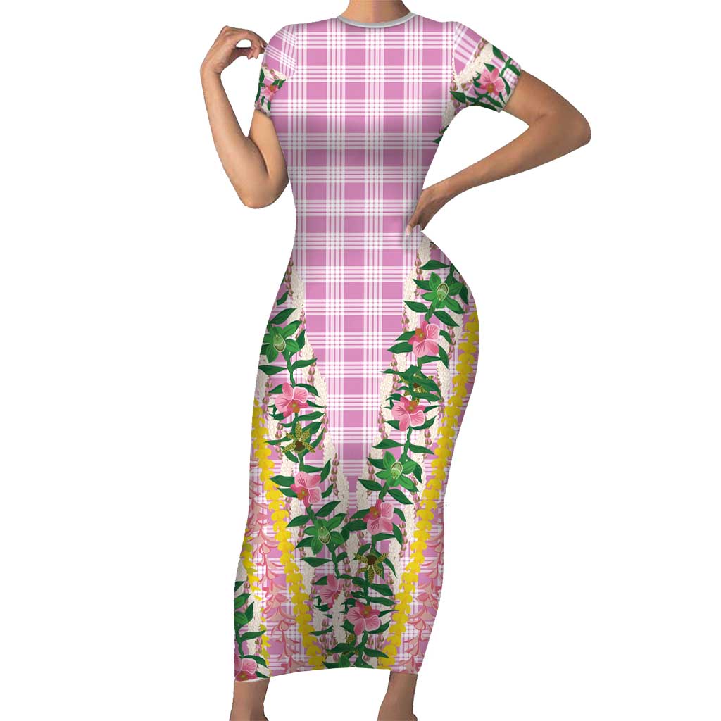 Hawaii Pikake Lokelani Plumeria Lei Family Matching Short Sleeve Bodycon Dress and Hawaiian Shirt Pink Palaka Motifs LT05 Mom's Dress Pink - Polynesian Pride