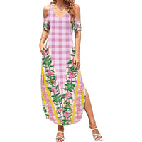 Hawaii Pikake Lokelani Plumeria Lei Family Matching Summer Maxi Dress and Hawaiian Shirt Pink Palaka Motifs LT05 Mom's Dress Pink - Polynesian Pride