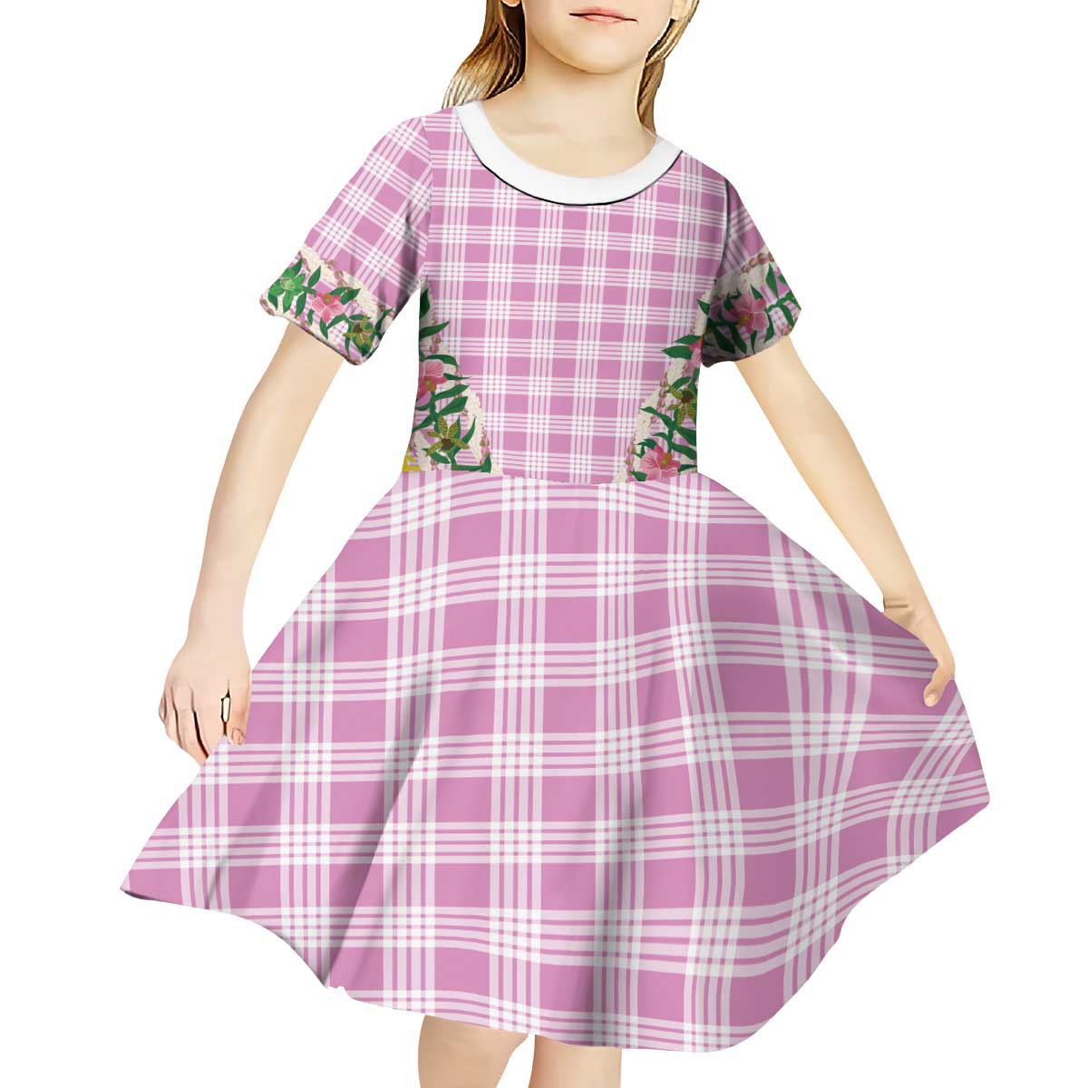 Hawaii Pikake Lokelani Plumeria Lei Kid Short Sleeve Dress Pink Palaka Motifs