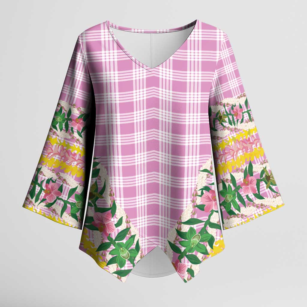 Hawaii Pikake Lokelani Plumeria Lei Kimono Sleeve Blouse Pink Palaka Motifs