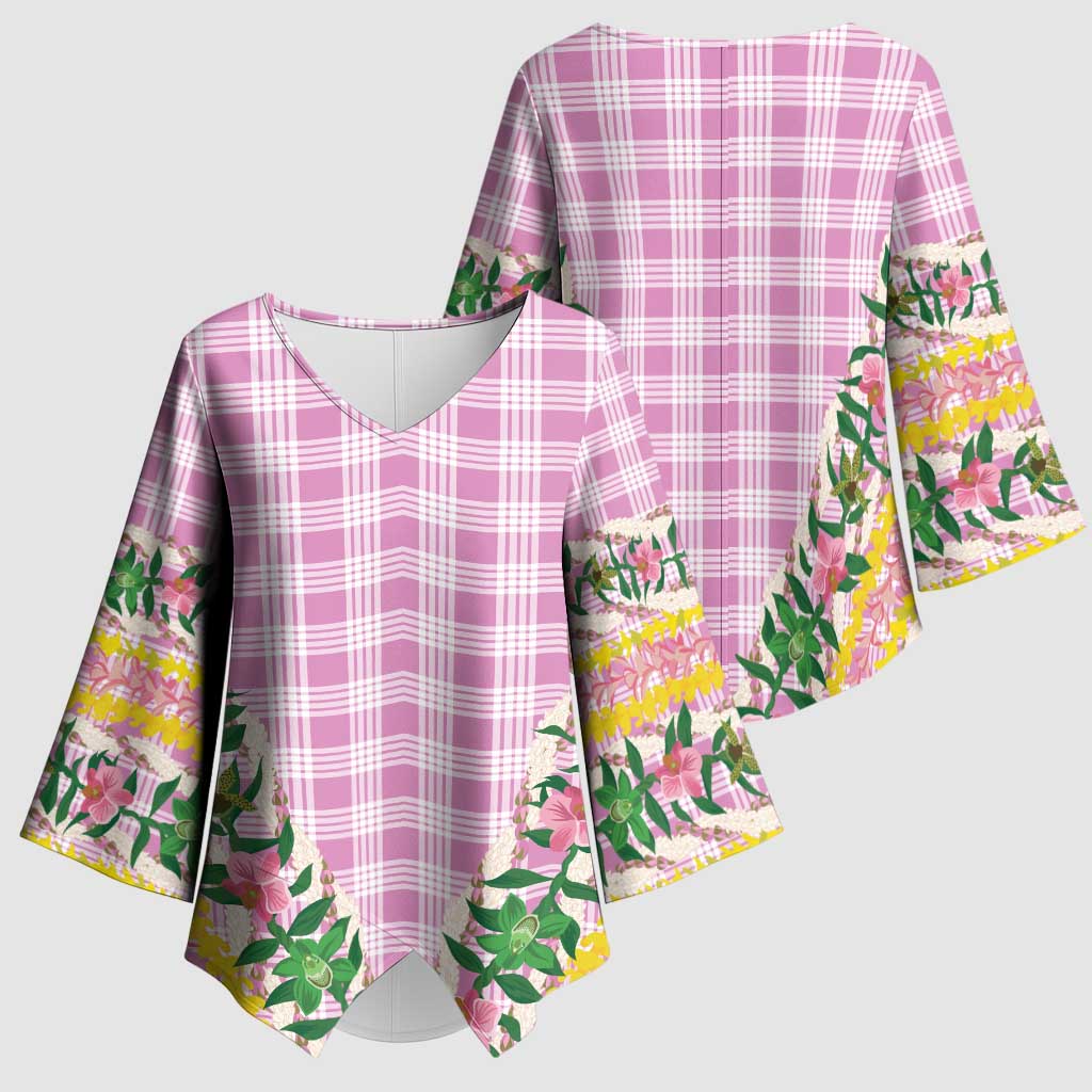 Hawaii Pikake Lokelani Plumeria Lei Kimono Sleeve Blouse Pink Palaka Motifs
