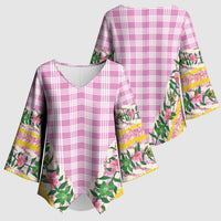 Hawaii Pikake Lokelani Plumeria Lei Kimono Sleeve Blouse Pink Palaka Motifs