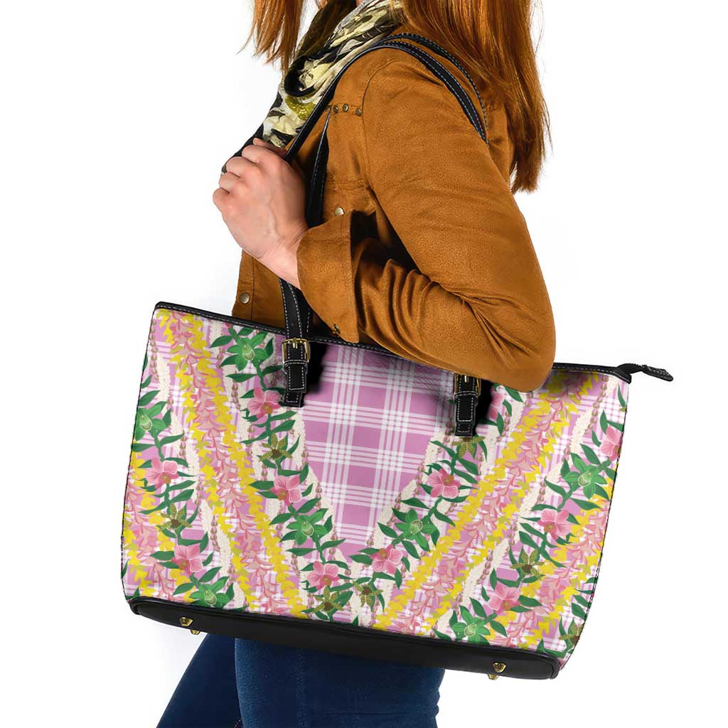 Hawaii Pikake Lokelani Plumeria Lei Leather Tote Bag Pink Palaka Motifs