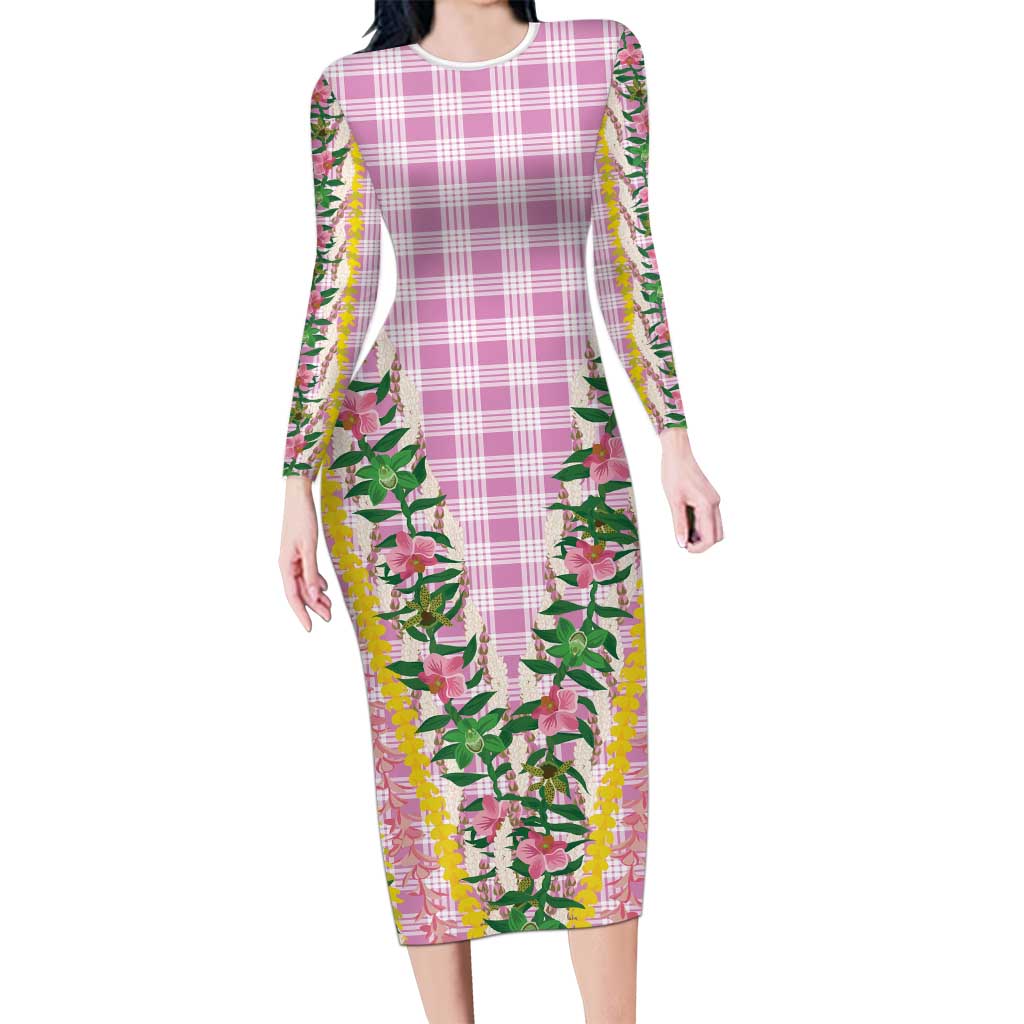 Hawaii Pikake Lokelani Plumeria Lei Long Sleeve Bodycon Dress Pink Palaka Motifs