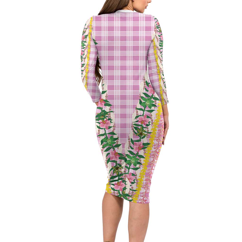 Hawaii Pikake Lokelani Plumeria Lei Long Sleeve Bodycon Dress Pink Palaka Motifs