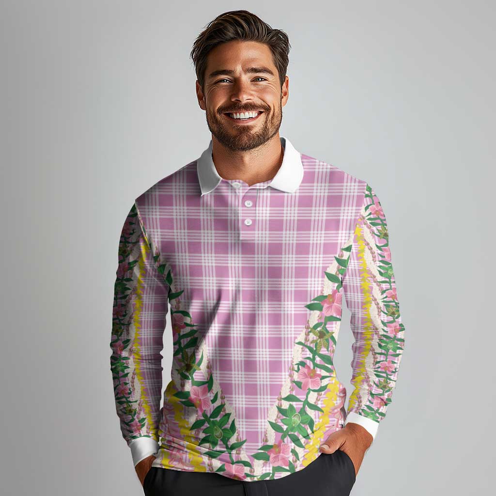 Hawaii Pikake Lokelani Plumeria Lei Long Sleeve Polo Shirt Pink Palaka Motifs