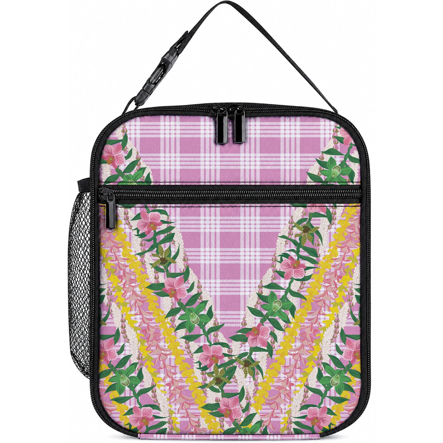 Hawaii Pikake Lokelani Plumeria Lei Lunch Bag Pink Palaka Motifs LT05 10.2 × 8.3 × 4.3 inch Pink - Polynesian Pride