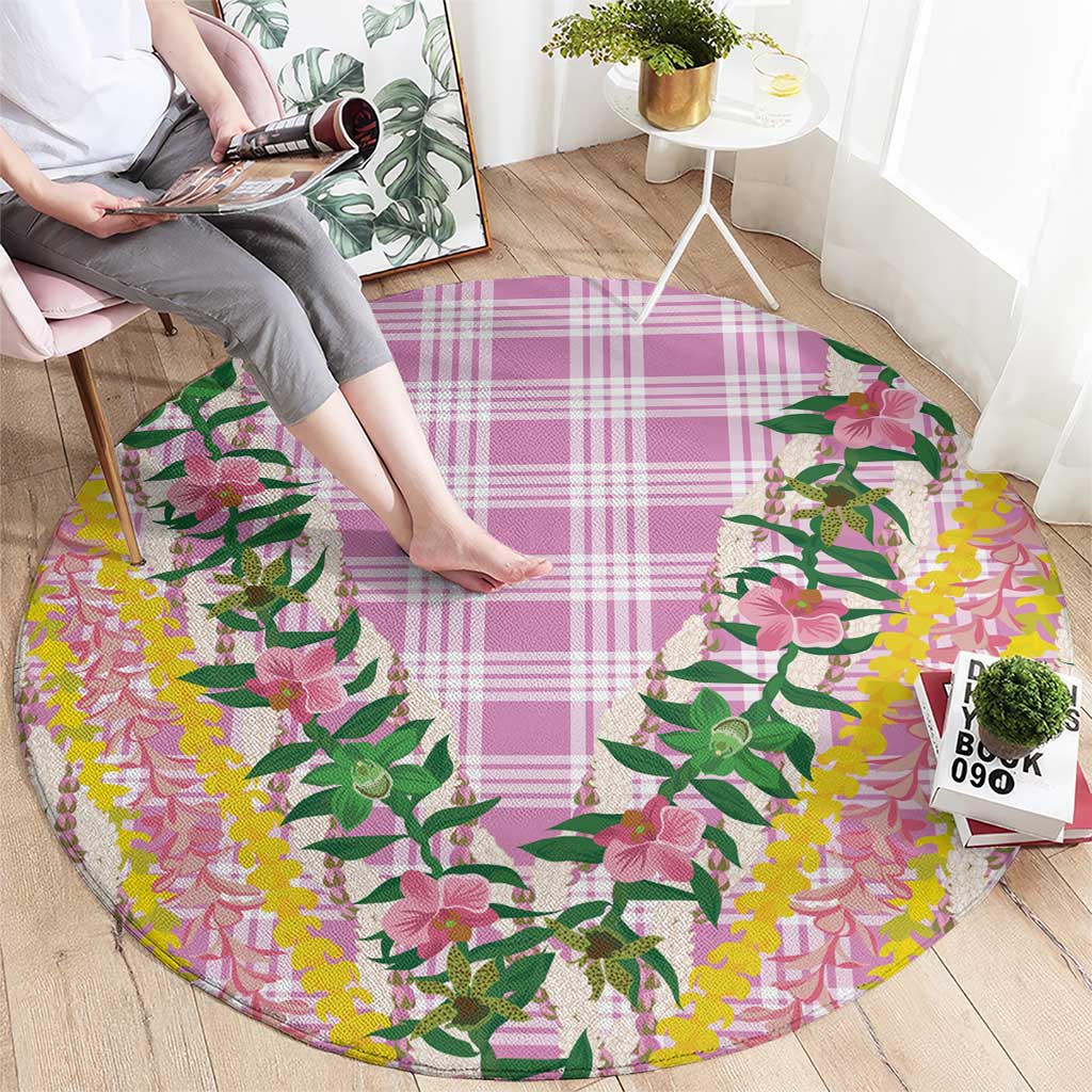 Hawaii Pikake Lokelani Plumeria Lei Round Carpet Pink Palaka Motifs