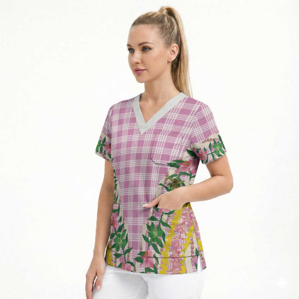 Hawaii Pikake Lokelani Plumeria Lei Scrub Top Pink Palaka Motifs