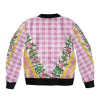 Hawaii Pikake Lokelani Plumeria Lei Sleeve Zip Bomber Jacket Pink Palaka Motifs