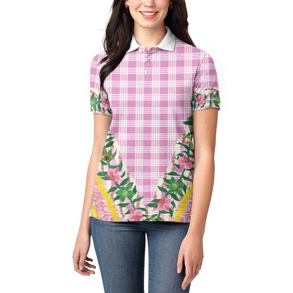 Hawaii Pikake Lokelani Plumeria Lei Women Polo Shirt Pink Palaka Motifs
