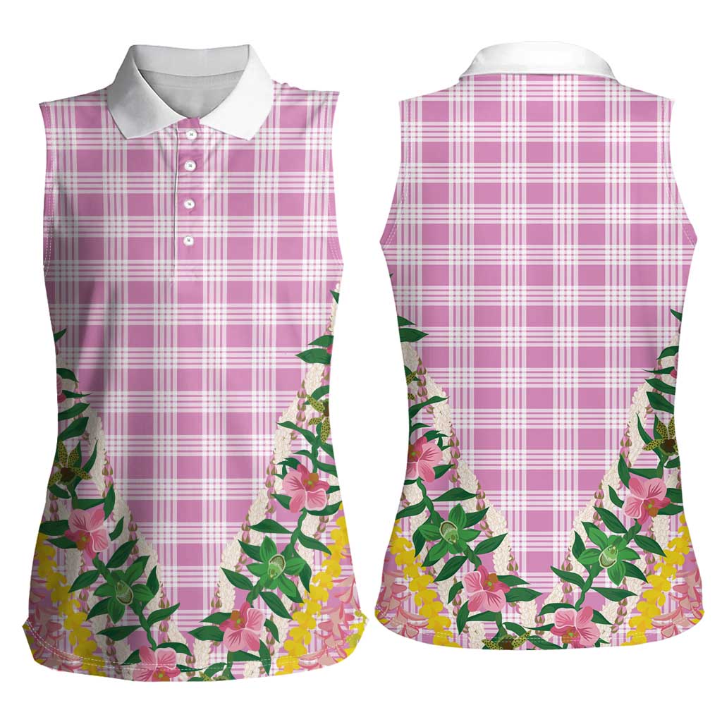 Hawaii Pikake Lokelani Plumeria Lei Women Sleeveless Polo Shirt Pink Palaka Motifs LT05 - Polynesian Pride