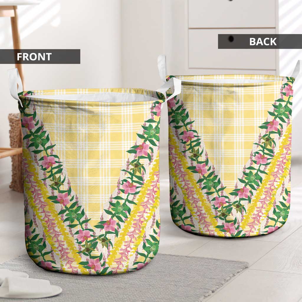 Hawaii Pikake Lokelani Plumeria Lei Laundry Basket Yellow Palaka Motifs