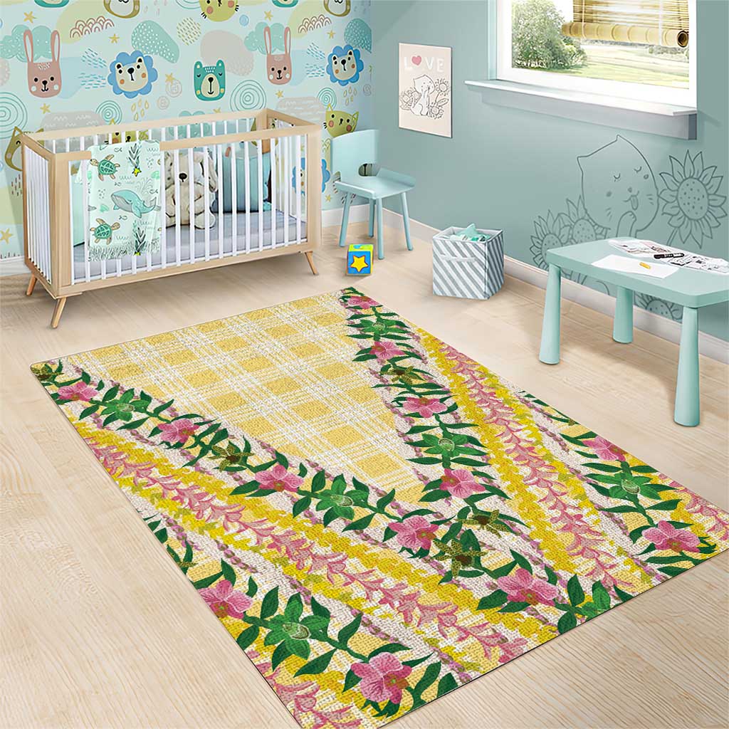 Hawaii Pikake Lokelani Plumeria Lei Area Rug Yellow Palaka Motifs