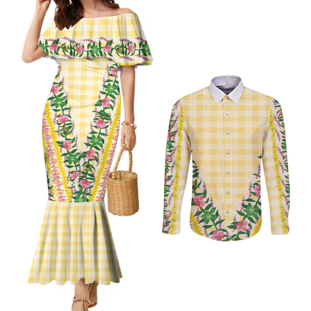 Hawaii Pikake Lokelani Plumeria Lei Couples Matching Mermaid Dress and Long Sleeve Button Shirt Yellow Palaka Motifs