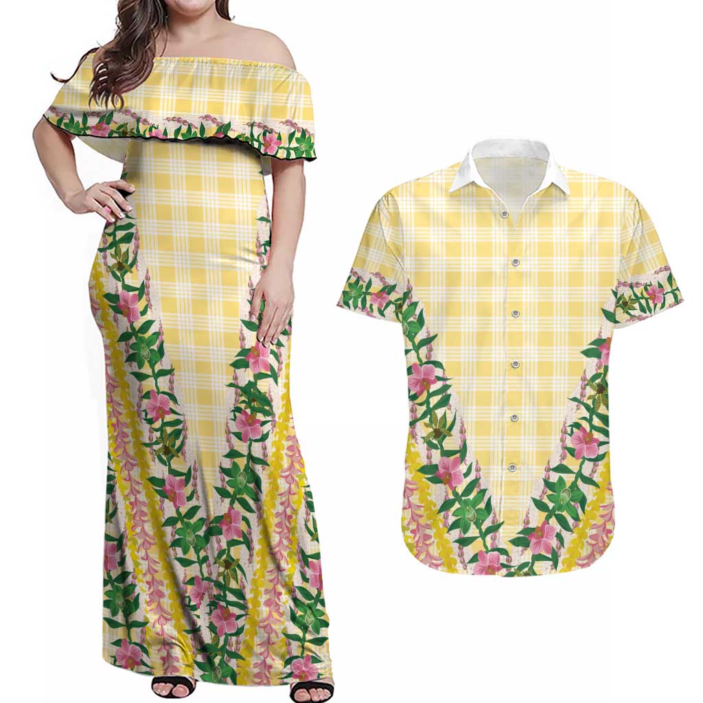 Hawaii Pikake Lokelani Plumeria Lei Couples Matching Off Shoulder Maxi Dress and Hawaiian Shirt Yellow Palaka Motifs LT05 Yellow - Polynesian Pride