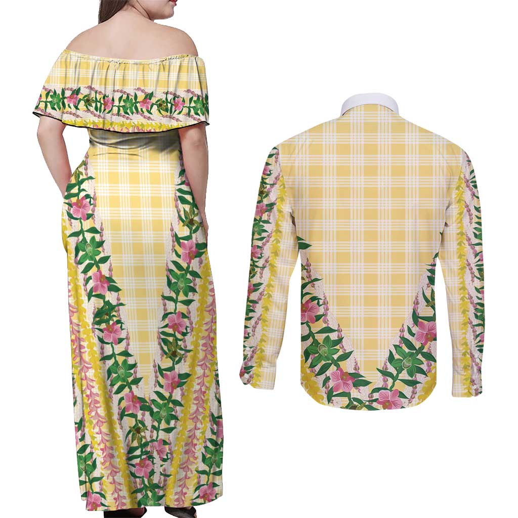 Hawaii Pikake Lokelani Plumeria Lei Couples Matching Off Shoulder Maxi Dress and Long Sleeve Button Shirt Yellow Palaka Motifs