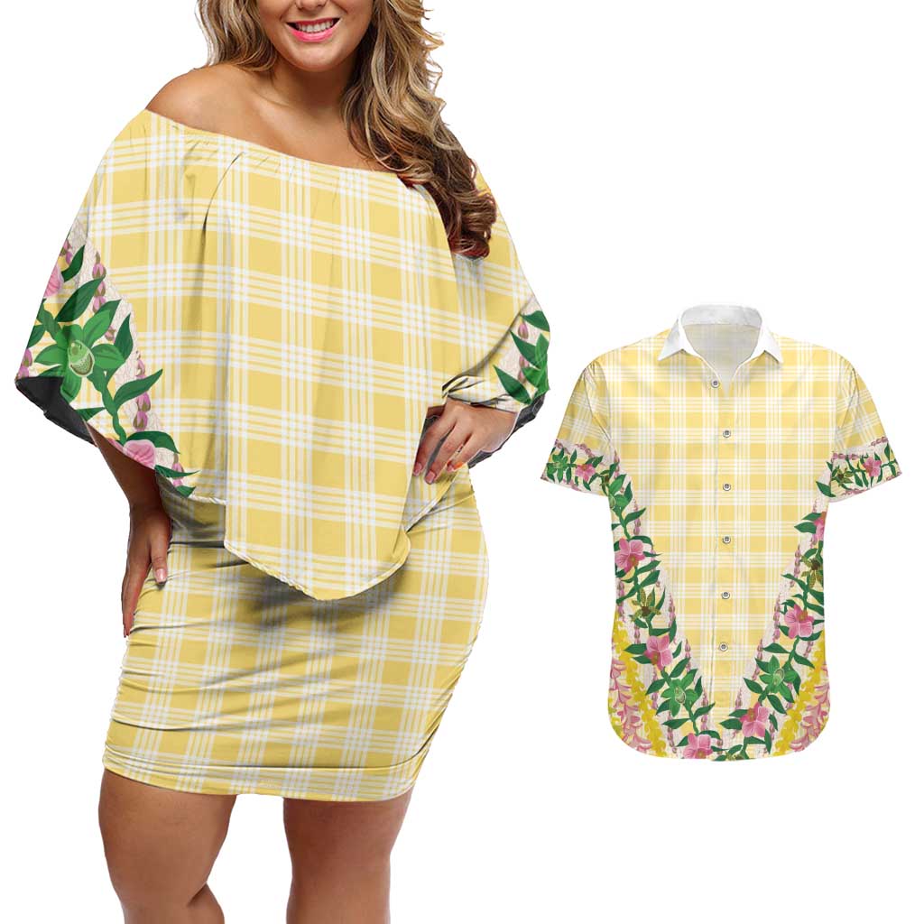 Hawaii Pikake Lokelani Plumeria Lei Couples Matching Off Shoulder Short Dress and Hawaiian Shirt Yellow Palaka Motifs LT05 Yellow - Polynesian Pride