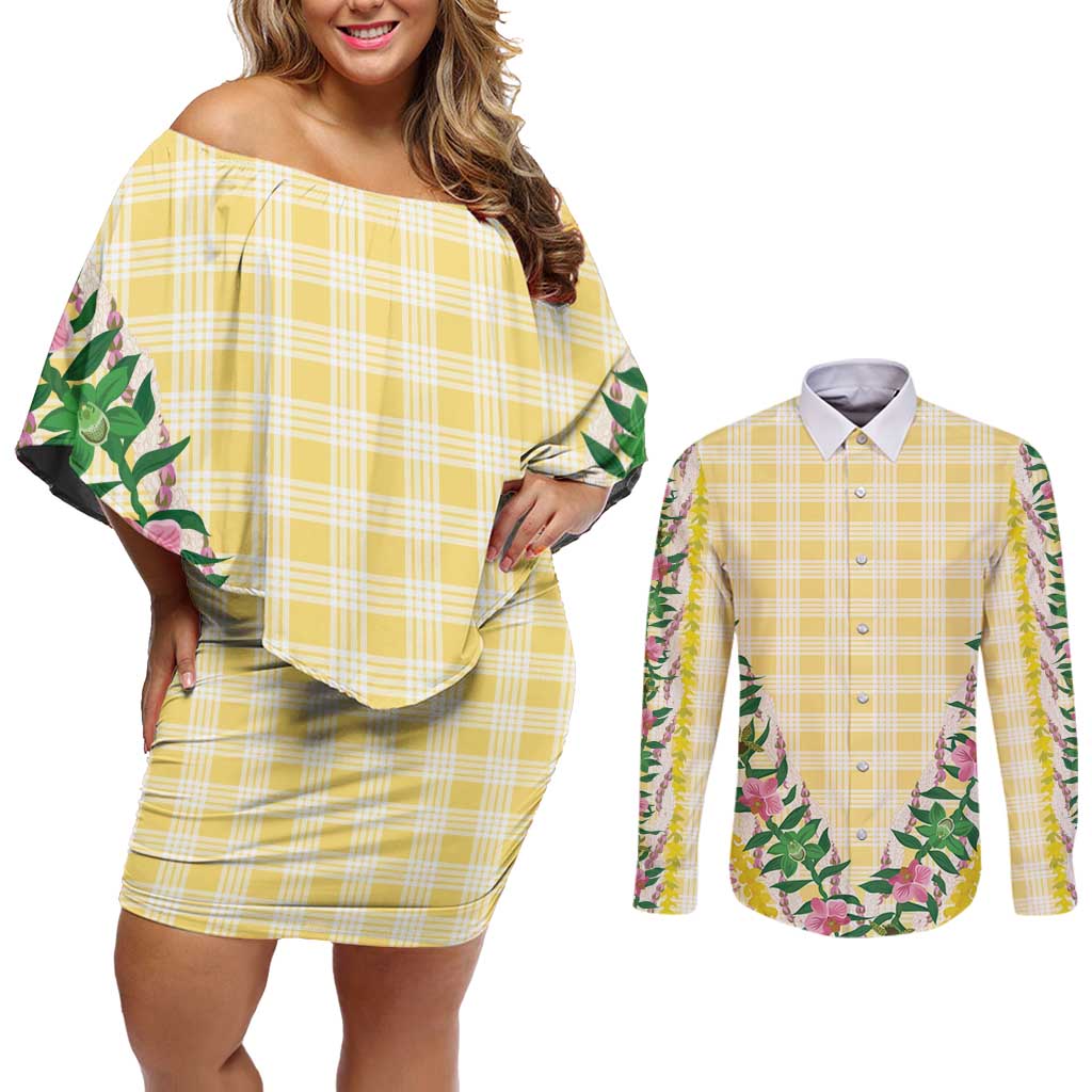 Hawaii Pikake Lokelani Plumeria Lei Couples Matching Off Shoulder Short Dress and Long Sleeve Button Shirt Yellow Palaka Motifs