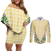 Hawaii Pikake Lokelani Plumeria Lei Couples Matching Off Shoulder Short Dress and Long Sleeve Button Shirt Yellow Palaka Motifs LT05 Yellow - Polynesian Pride