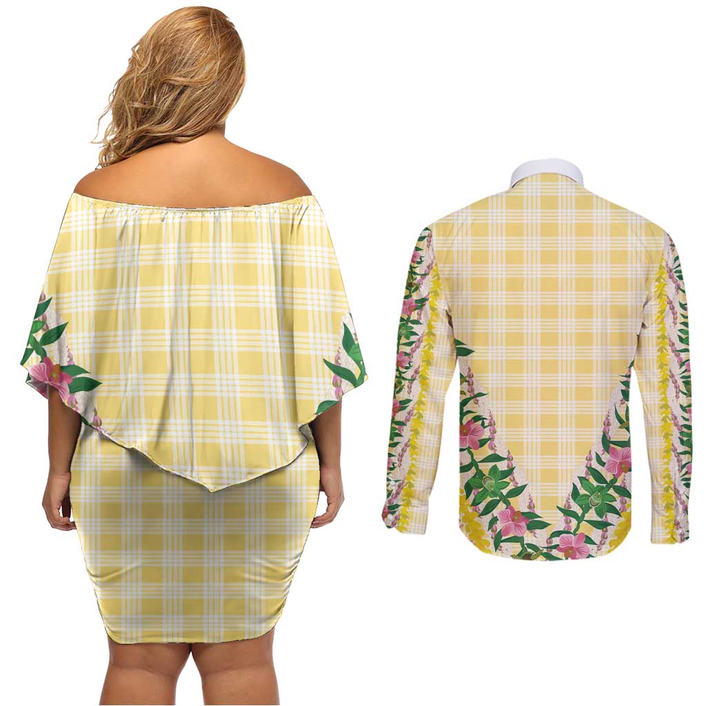 Hawaii Pikake Lokelani Plumeria Lei Couples Matching Off Shoulder Short Dress and Long Sleeve Button Shirt Yellow Palaka Motifs LT05 - Polynesian Pride