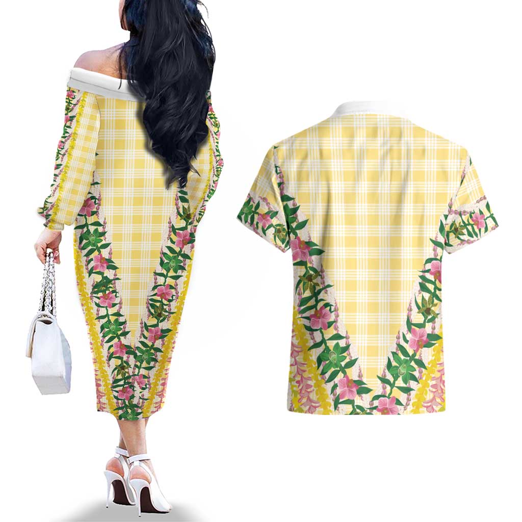Hawaii Pikake Lokelani Plumeria Lei Couples Matching Off The Shoulder Long Sleeve Dress and Hawaiian Shirt Yellow Palaka Motifs LT05 - Polynesian Pride