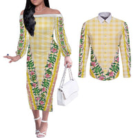 Hawaii Pikake Lokelani Plumeria Lei Couples Matching Off The Shoulder Long Sleeve Dress and Long Sleeve Button Shirt Yellow Palaka Motifs LT05 Yellow - Polynesian Pride